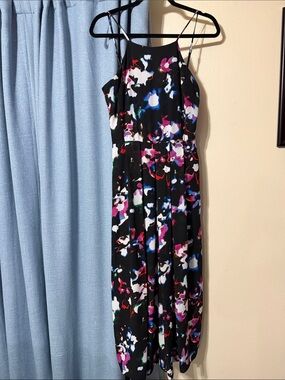 Black Floral-Print Spaghetti Strap Midi Romper with pockets